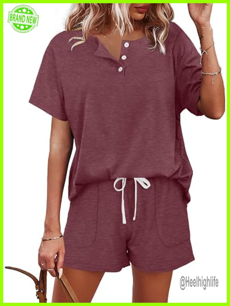Two Piece Lounge Set - Button Down Top And Shorts With Pockets